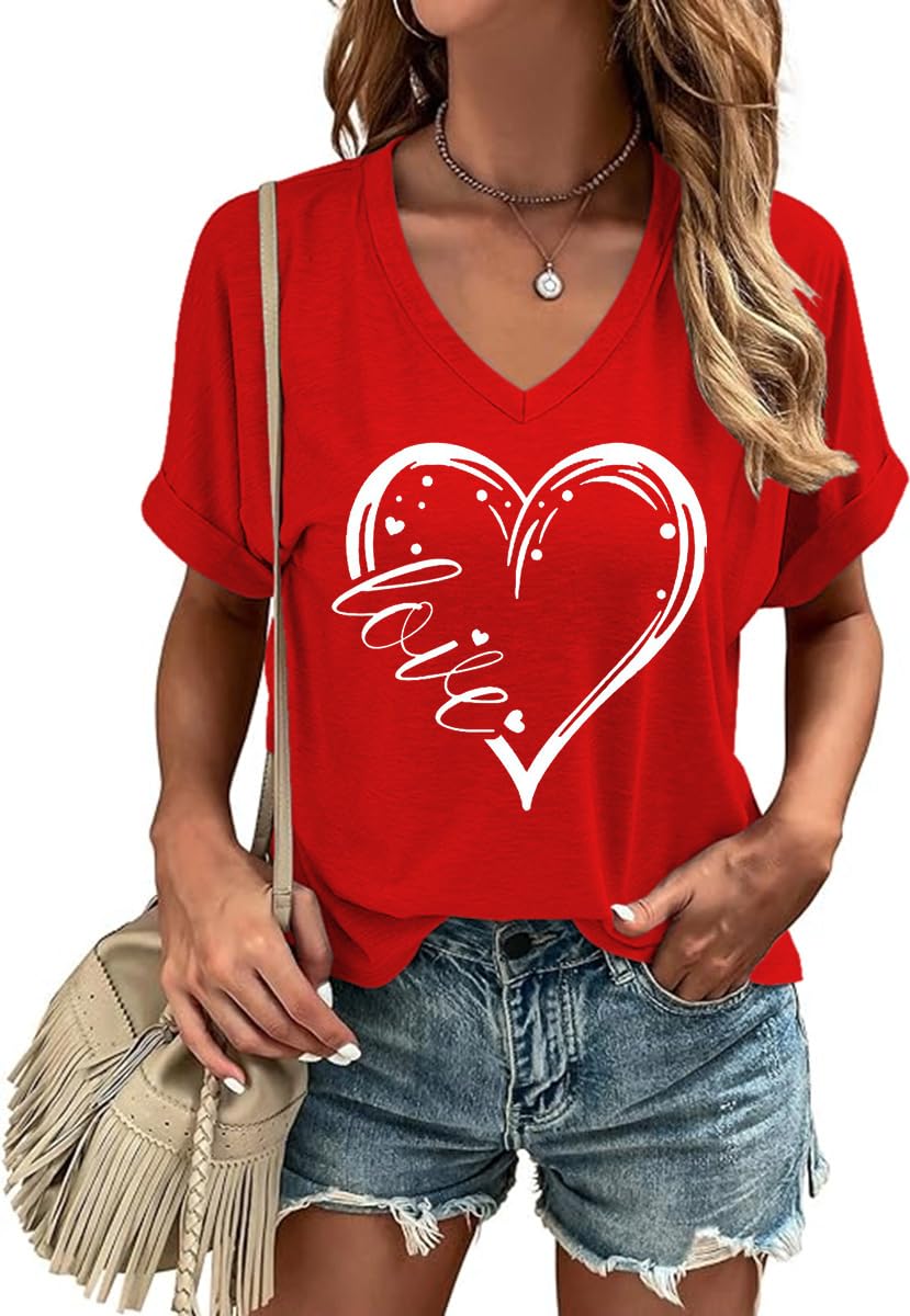 Woffccrd T-shirt da donna a maniche corte con scollo a V, per San Valentino, pri