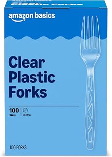 Amazon Basics Disposable Clear Plastic Forks, Premium Quality, 100 Count, Large Pack, Packaging May Vary