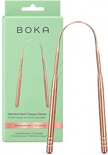Boka Stainless Steel Tongue Scraper - Rose Gold Tone - 1 Pack | Full 420 metal tongue cleaner for adults, narrow arc, dishwasher-safe, linen travel bag included