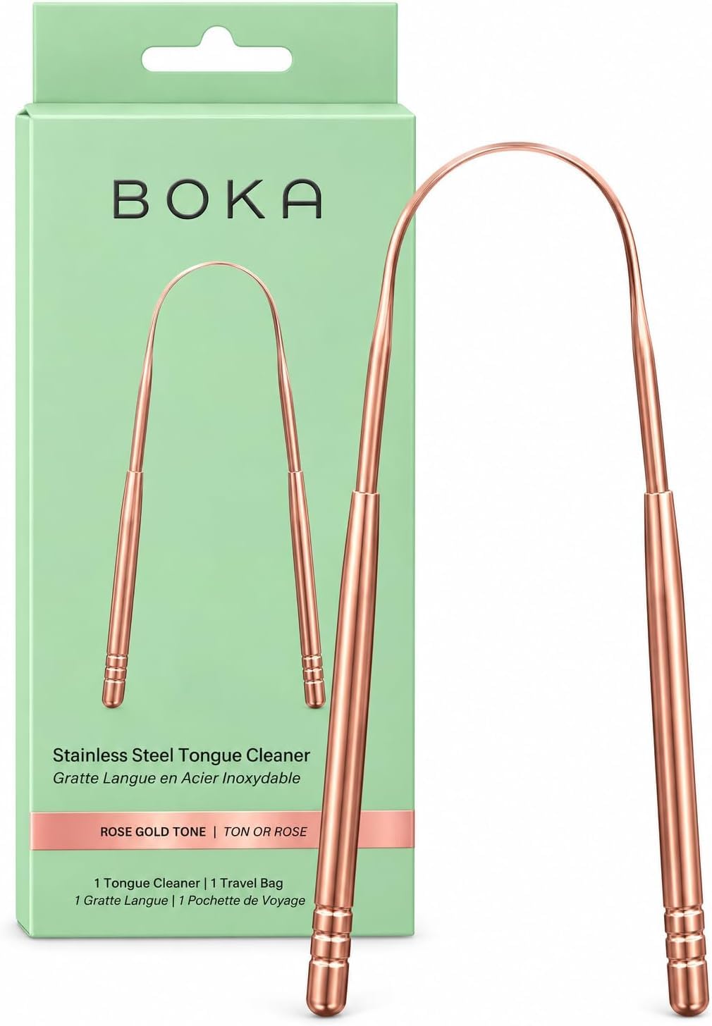 Boka Stainless Steel Tongue Scraper - Rose Gold Tone - 1 Pack | Full 420 metal t