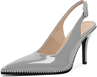 Zamikoo Women Beaded Pumps High Heel Slingback Pointed Toe Slip On 3.5 Inch Stilettos Ankle Strap Adjustable Buckle Patent Leather US Size 5 -Size 13