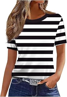 Casual T Shirt for Women Striped Crew Neck Short Sleeve Tops Lightweight Comfy Blouse Summer Classic Basic Tees