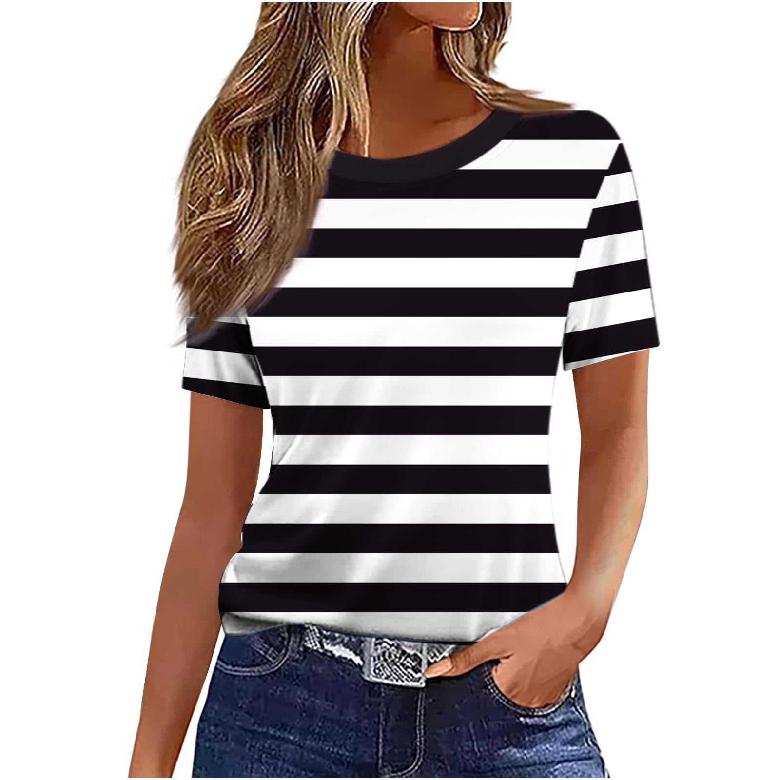 Casual T Shirt for Women Striped Crew Neck Short Sleeve Tops Lightweight Comfy B
