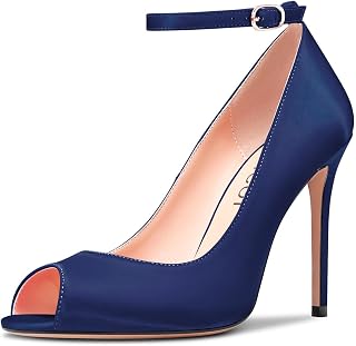 Aachcol Women's High Heel Pumps with Open Toe Ankle Strap, Dress Shoes, Wedding Party, Satin 10 cm