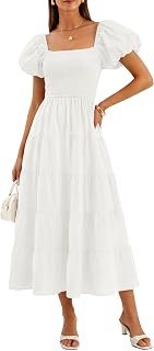 ZESICA Women 2023 Summer Square Neckline Short Puff Sleeve Solid Color High Waist Casual Mixed Flowy Line Stepped Midi Dress