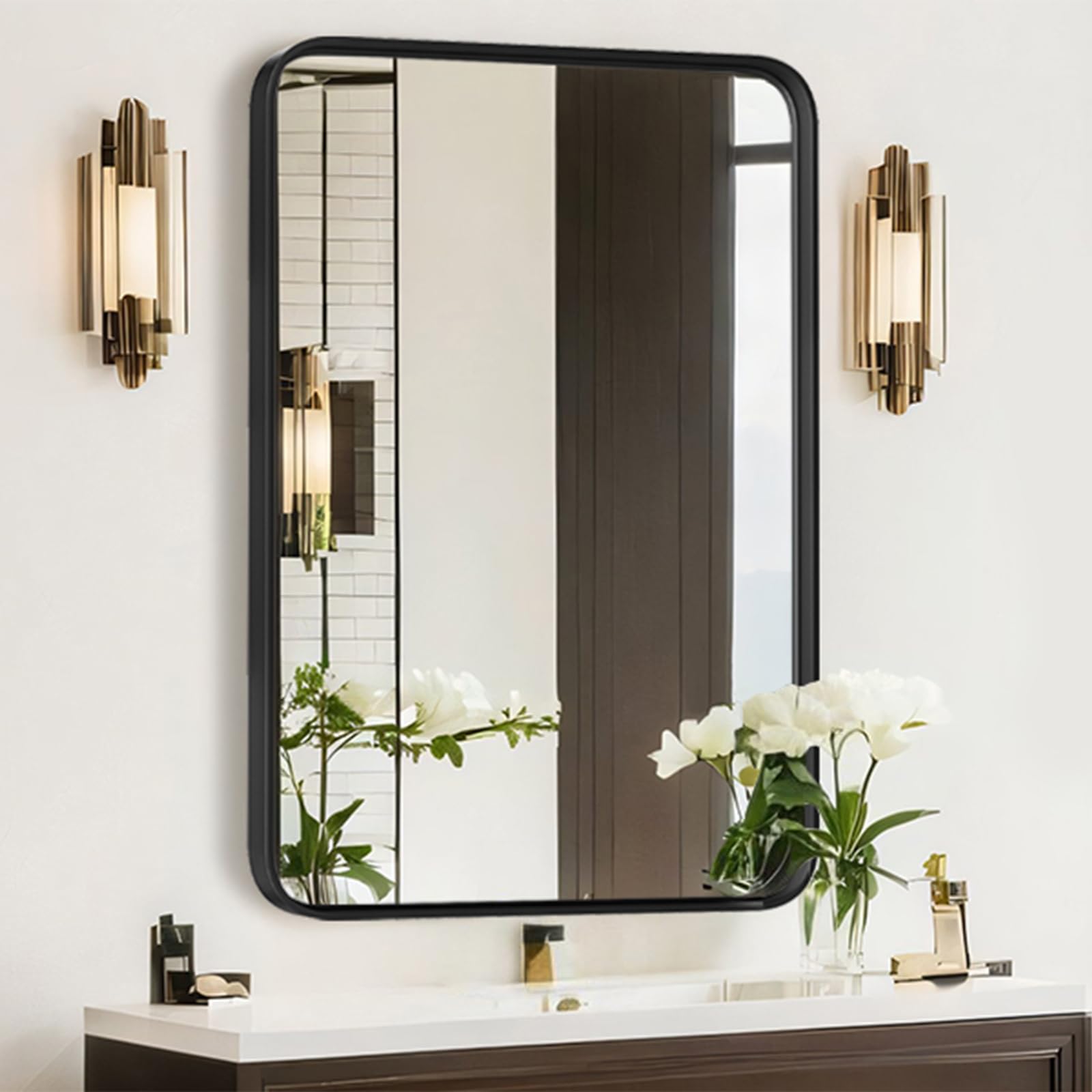 Bathroom Mirror for Wall, 30x22 Inch Rectangle Mirror, Matte Black Metal Framed 