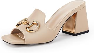 gihubafuil Women's Sandals Peep Toe Slides Chunky Heel Mules Single Band Comfort Slip-on Shoes with Metal Chain for Spring Summer