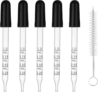 NUTKIT 5PCS Glass Pipette Dropper, 1ml Lab Graduated Glass Pipettes Set | With Rubber Bulb & Cleaning Brush, Liquid Droppers for Laboratory, Crafts and Industrial Use