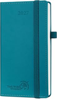 POPRUN Slim 2027 Pocket Diary Week To View (16.3x8.8cm) PU Leather Hardback | Small Weekly Appointment Diary, 27 Work Planner, Inner Pocket, 100GSM Paper, Portable, Fits Bag, For Office (Pacific Green)