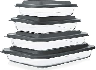 M MCIRCO 8 Piece Deep Glass Baking Dish with Lids, BPA free,Gray | Rectangular Glass Bakeware Set, Baking Pans for Lasagna, Casserole Dishes, Microwave, Oven, Freezer, Dishwasher