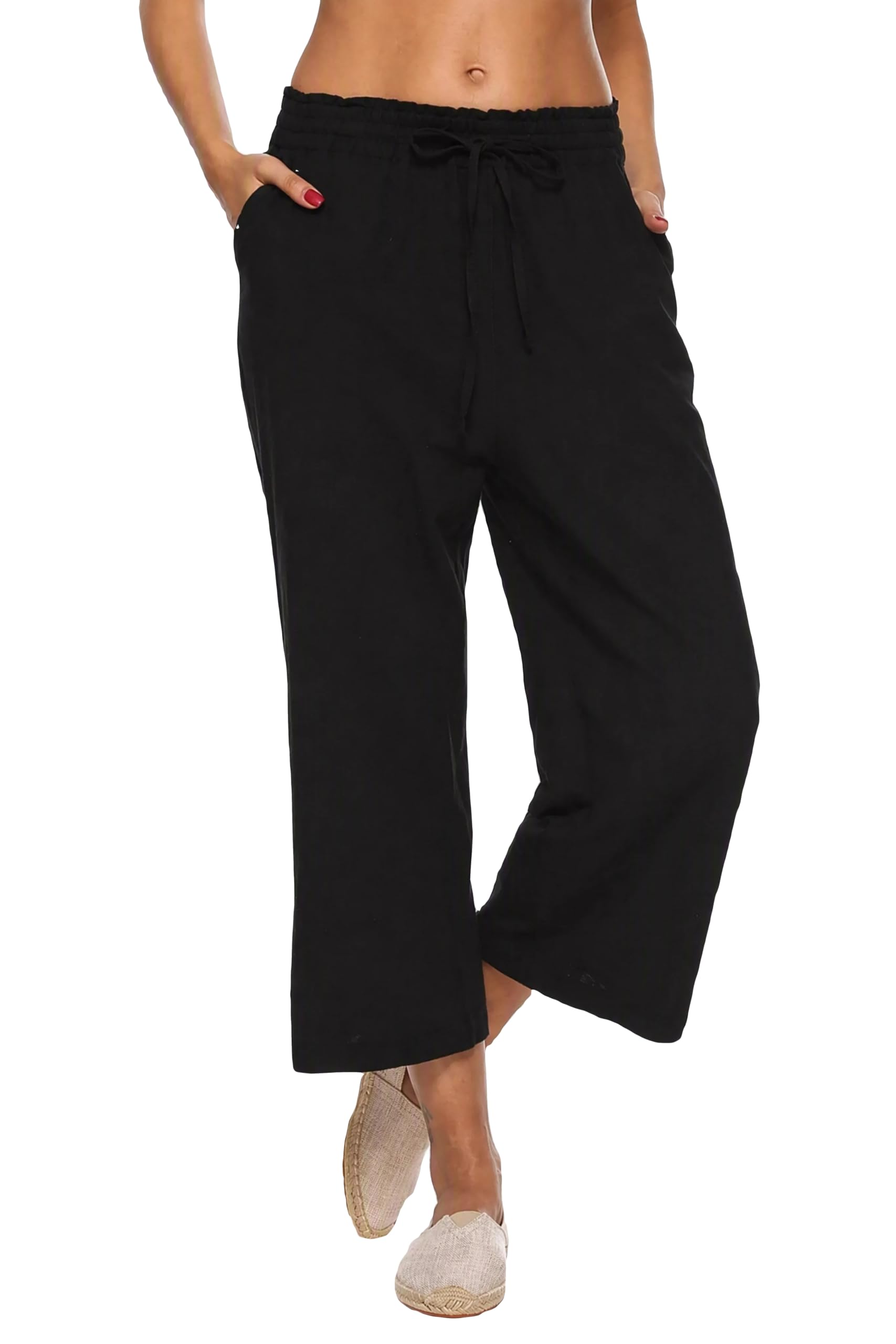 LNX Women's Linen Pants Wide Leg High Waisted Capri Pants with Pockets