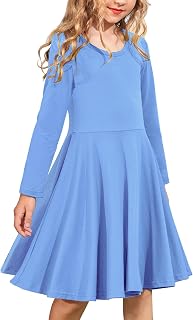 Arshiner Girls Long Sleeve Stretchy A line Twirly Skater School Party Dress