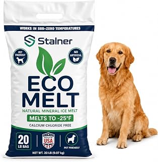 Stalner Eco Melt (20lbs) - Pet Friendly Natural Mineral Ice Melt for Driveway, Sidewalk, Steps - Dye Free Deicer Melts to -25F - Biodegradable, Non-Tracking, Safer for Concrete, Made in USA