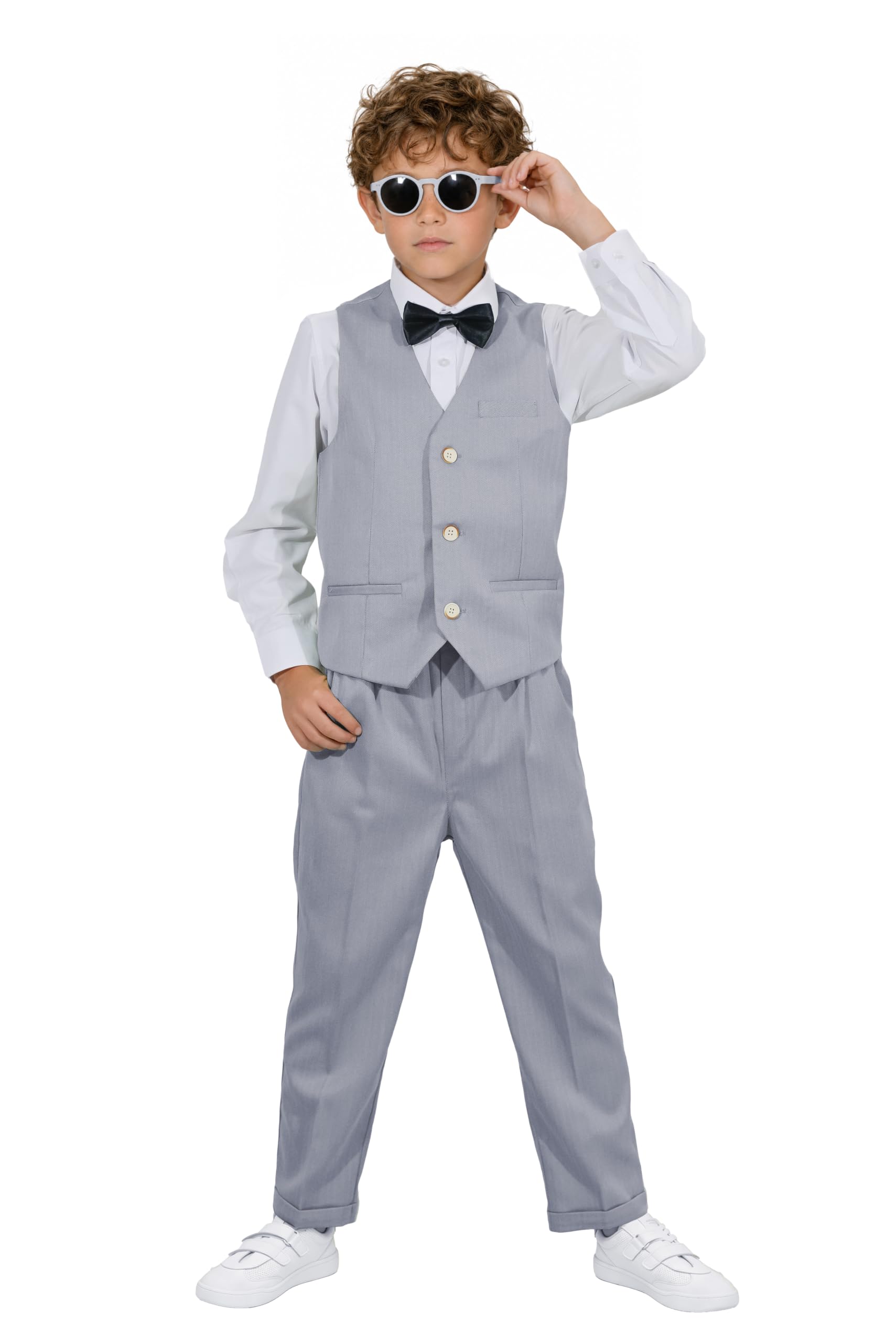 LOLANTA 4 Pieces Label Suit Boy Vest Set Boys Birthday Party Clothes Beige/Blue/