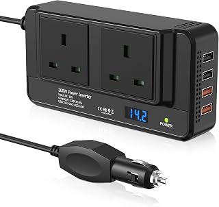 200W Car Voltage Converter Inverter DC 12V to AC 230V with 2 Sockets and 4 USB Ports Fast Charging Car Charger with Cigarette Lighter Plug for Business Trips and Vacation