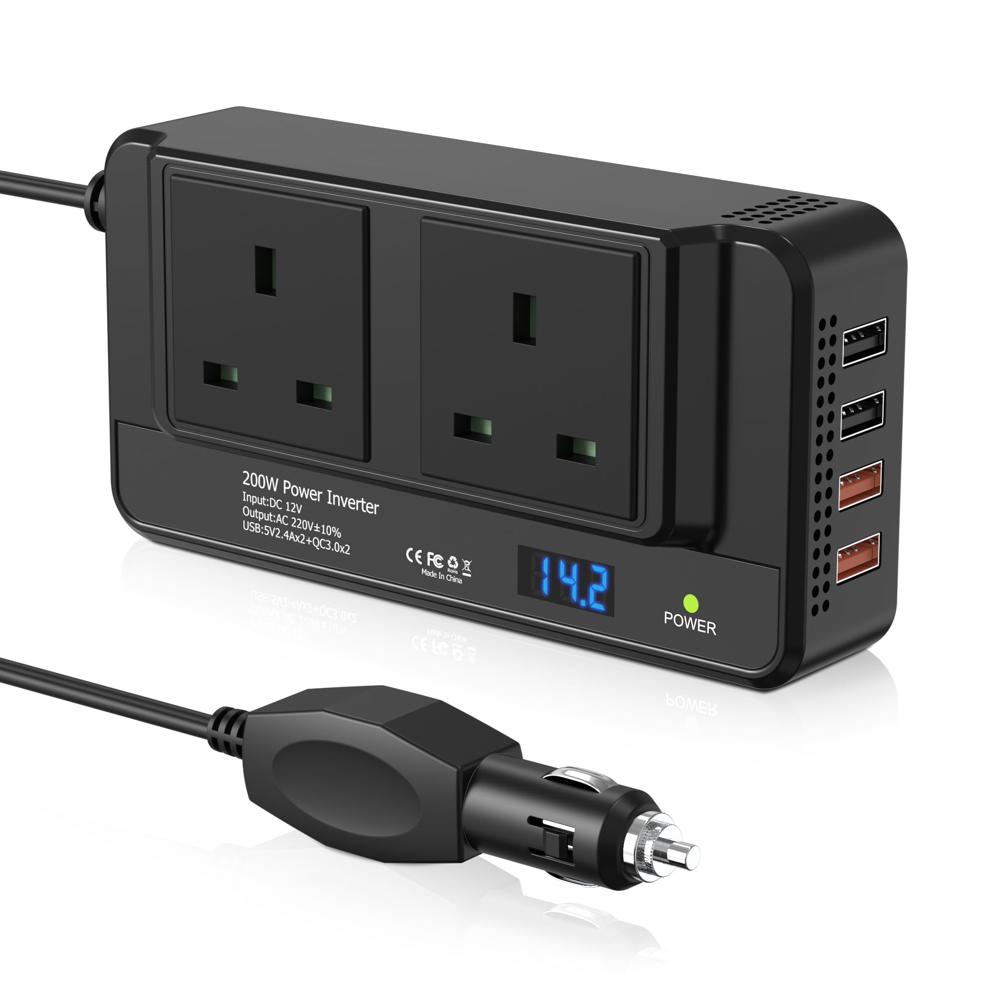 200W Car Voltage Converter Inverter DC 12V to AC 230V with 2 Sockets and 4 USB P