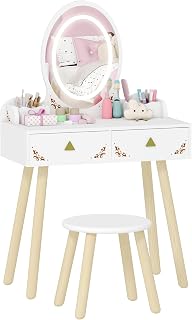 Qaba 2 in 1 Kids Vanity Table and Chair with Mirror, Stool, Lights, Pink | Girls Vanity Set with Drawers, Storage Boxes, Study Desk and Chair, Toddler Makeup Dressing Table, Pretend Play, Kids Room