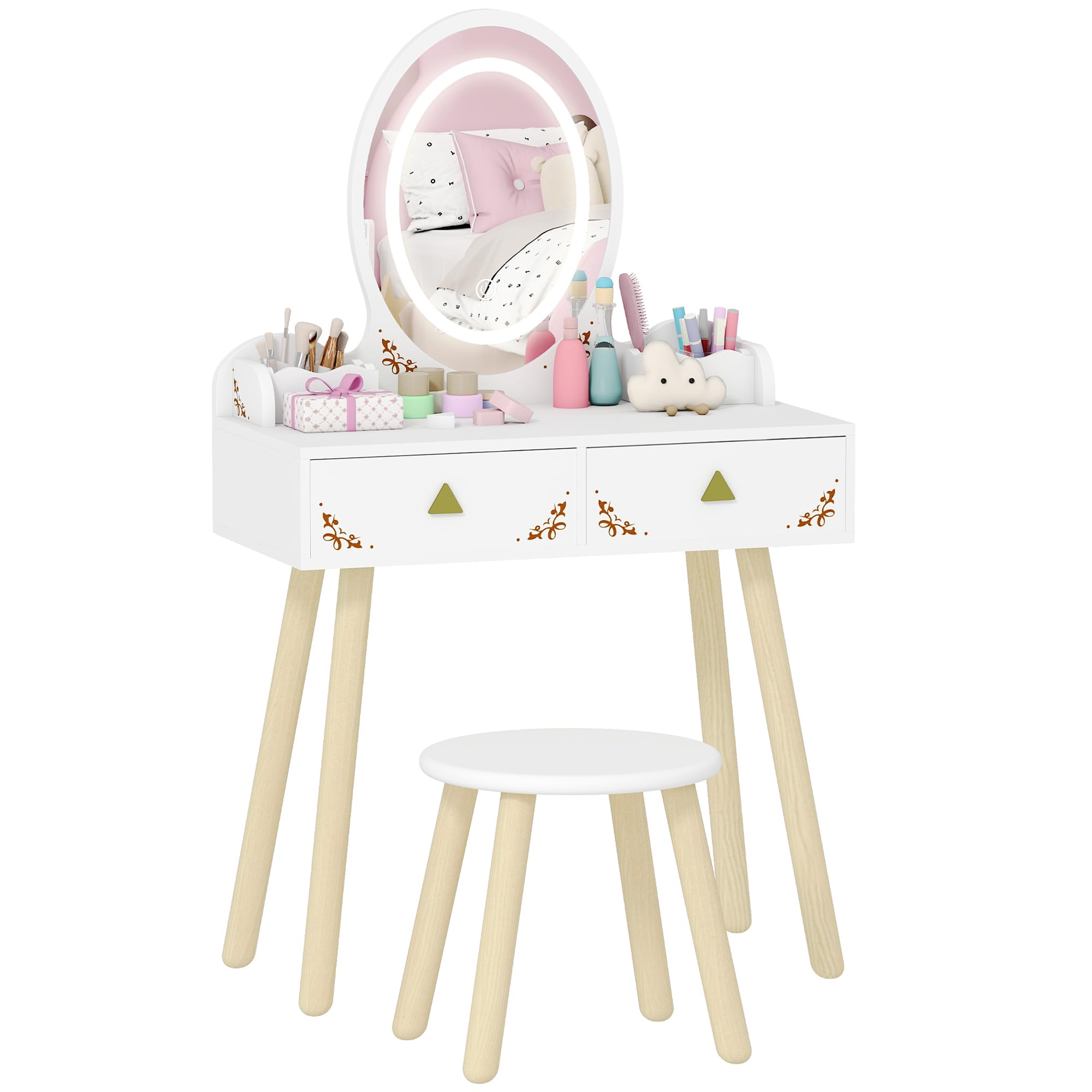 Qaba 2 in 1 Kids Vanity Table and Chair with Mirror, Stool, Lights, Pink | Girls