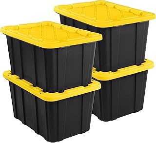 Sterilite Industrial Storage Tote with Lids for Garage, 27 Gallon, 4-Pack | Heavy-Duty and Stackable Utility Box Containers for Home, Office, and Basement Organization, Black/Yellow