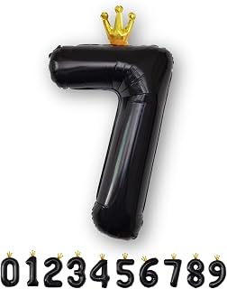 La Kissa Number Balloons, Birthday Decoration, Balloons, with Crown, 40 inches, Large, Includes Straw, Number Balloons, Approx. 35.4 inches (90 cm), Anniversary (Crown, Black, 7)