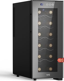 WIE 12 Bottle Wine Cooler Fridge, 8-18°C Digital Touch Screen Controls & LED Display, Slim Wine Fridge with Triple-Layer Protective Glass, Quiet <26dB, Glass Door Drinks Cellar for Bar, Home & Office