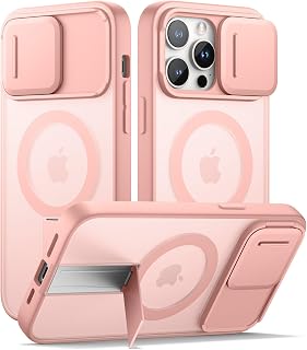 SURITCH for iPhone 14 Pro Max Case, Compatible with MagSafe, Built-in Kickstand & Camera Cover & Translucent Back, Shockproof Rugged Protective Phone Cover 6.7 Inch, Pink