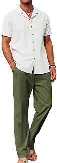 COOFANDY Men's Linen 2 Piece Outfits Button Down Shirt and Casual Loose Pants Set