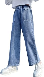 Rolanko Girls Jeans Wide Denim Trousers Elastic Waist for Children