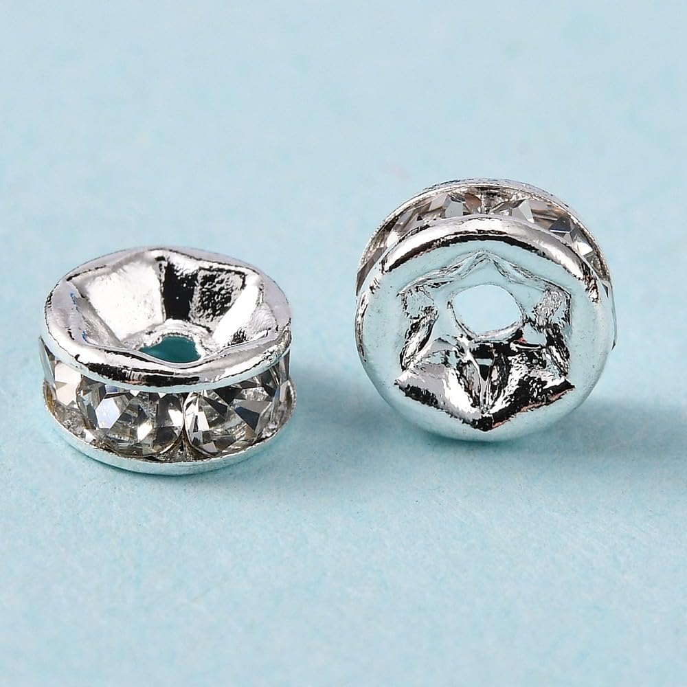 100 Pieces Silver Color Plated Brass Flat Round Spacer Beads with Round Rhinesto