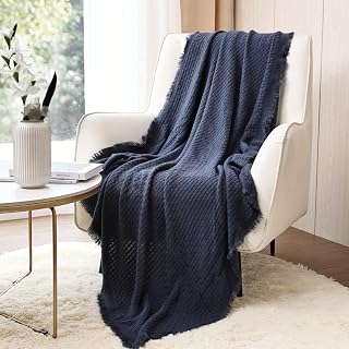 CREVENT Farmhouse Waffle Knit Throw Blanket for Couch Sofa Chair Bed Home Decoration, Soft Warm Cozy Light Weight for Spring Summer Fall (127cmX152cm Navy Dark Blue)