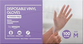 by Amazon Disposable Vinyl Gloves, Powder-free, Latex-free, Size M, Pack of 100