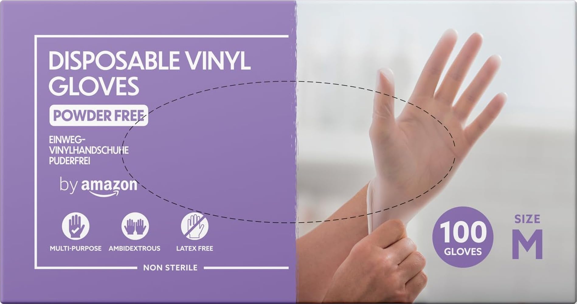 by Amazon Disposable Vinyl Gloves, Powder-free, Latex-free, Size M, Pack of 100