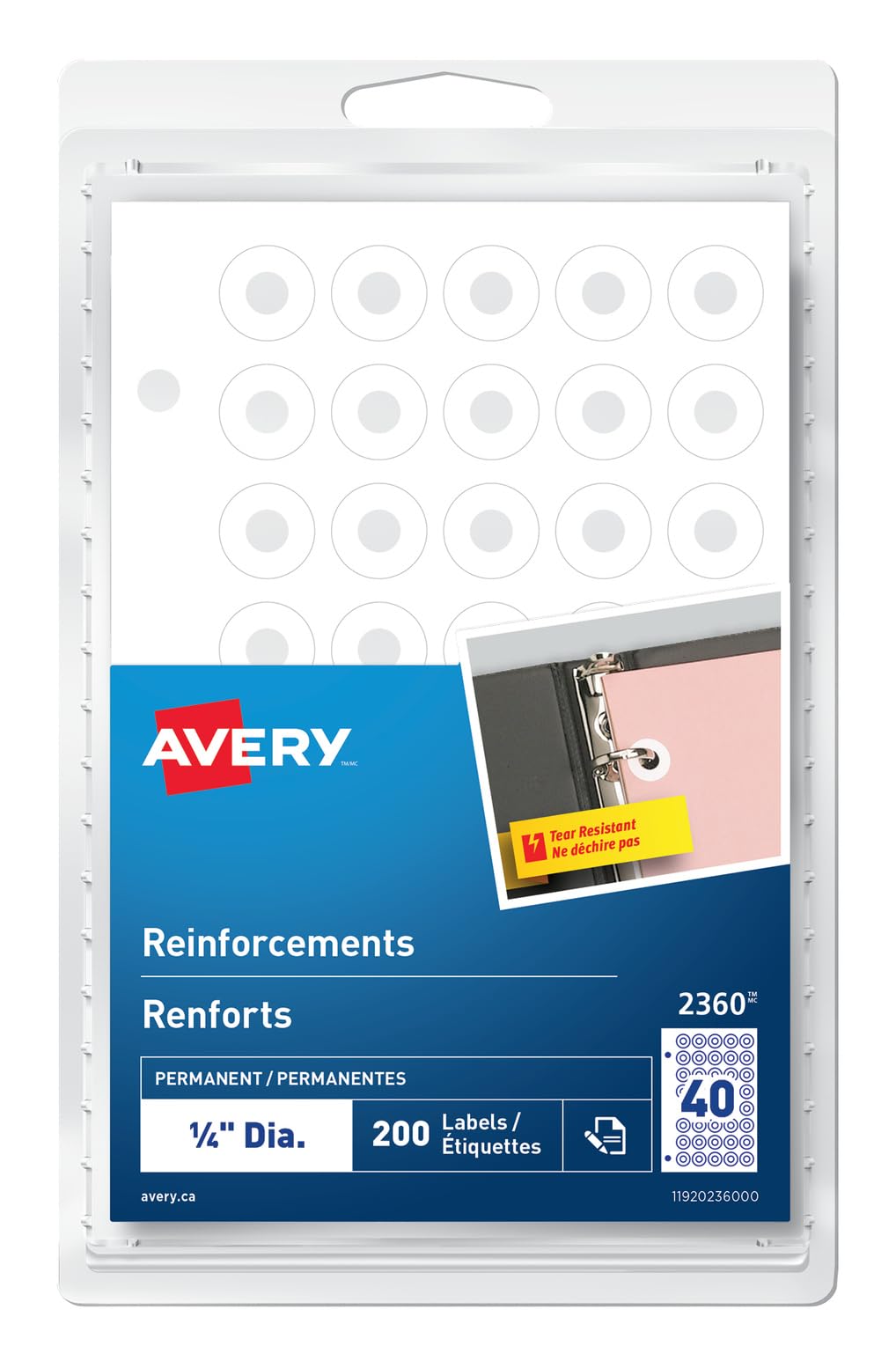 Avery White Round Self-Adhesive Reinforcements for Punched Holes, 200 Labels, Sh
