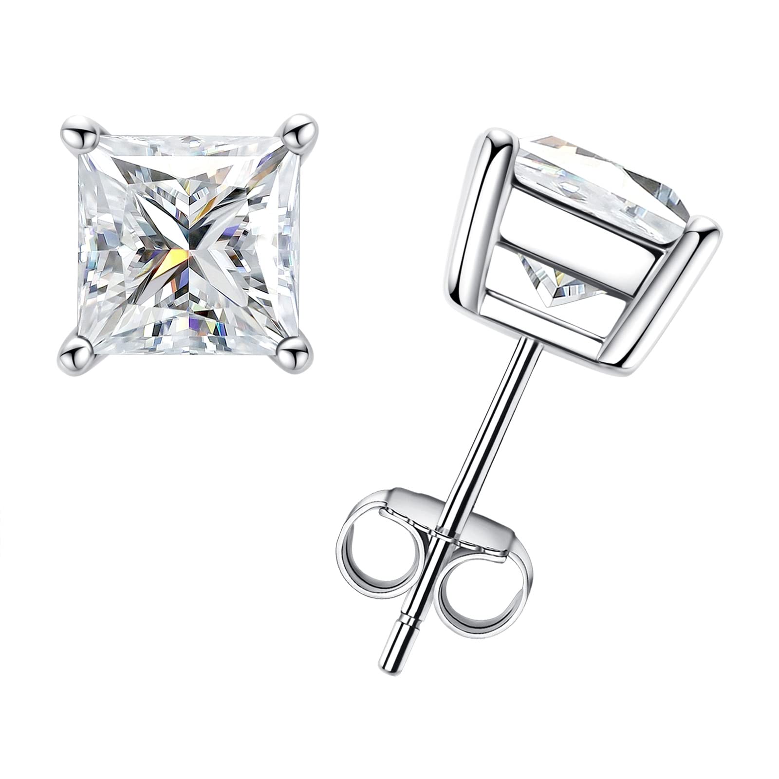 AnuClub 1.2-4cttw 10K Post Princess Cut Moissanite Stud Earrings for Women, D Co