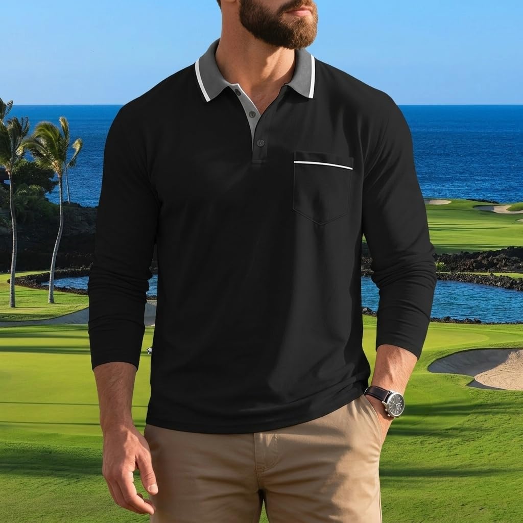 Mens Fashion Long Sleeve Polo Shirts Cotton Classic Collar Golf Polo Shirt with 