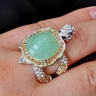 HUKQBUNX 925 Sterling Silver Shiny Natural Ice Jade Cute Little Turtle Innovative Design Beach Wave Vacation Wave Ocean Lover Ring Women's Precious Ring Jewelry-Making-Patterns