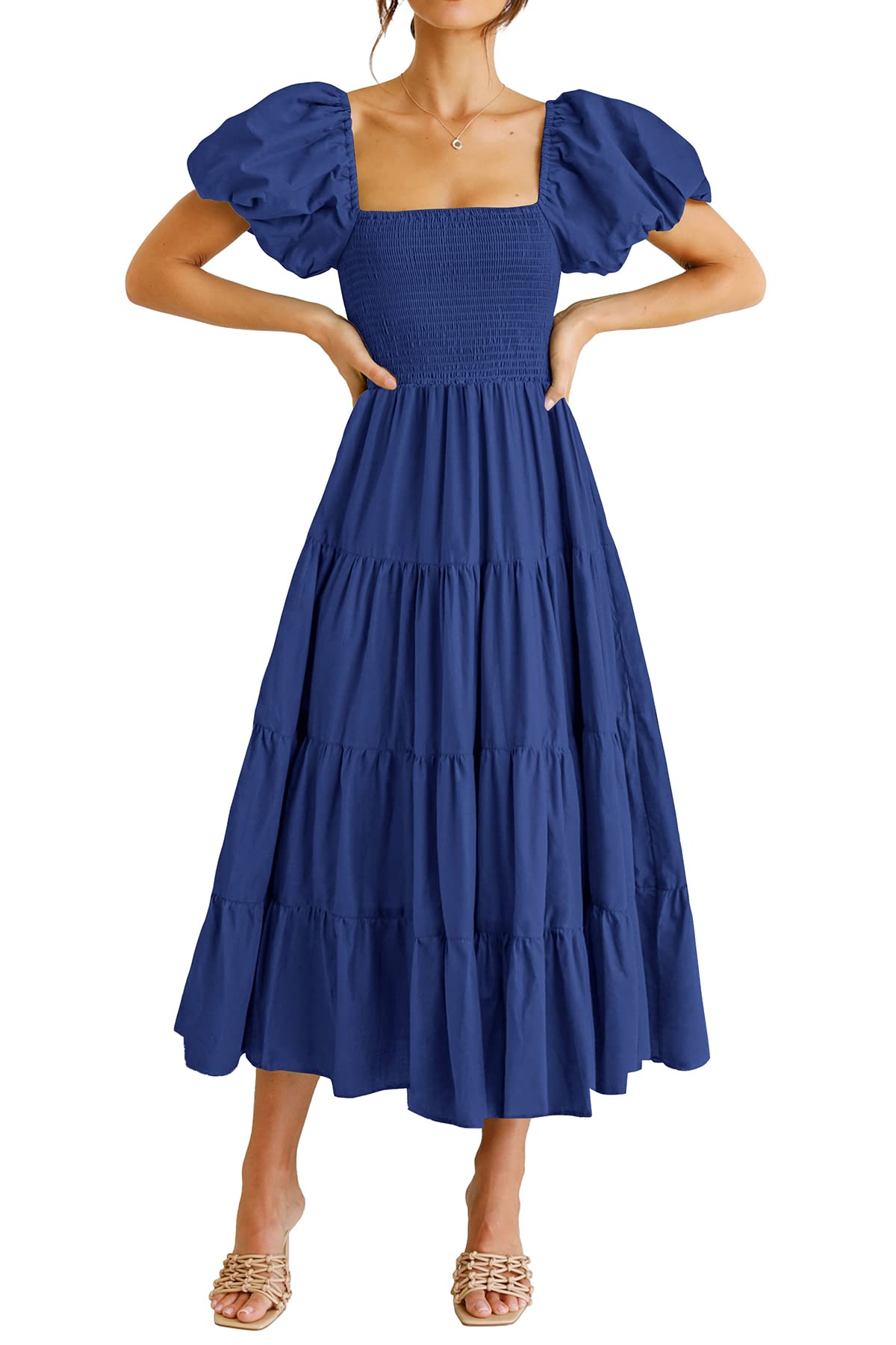 PRETTYGARDEN Women's Casual Summer Midi Dress Puffy Short Sleeve Square Neck Smo