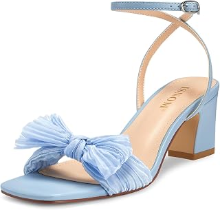 ISNOM Women's Bow Knot Heeled Sandals Square Toe Ankle Strap Dress Shoes
