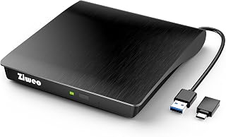 Ziweo External CD DVD Drive, Portable USB 3.0 Type-C CD Burner CD +/-RW Drive DVD Player for ROM Rewriter Burner Compatible with Laptop Desktop PC Windows MacBook Linux Mac OS
