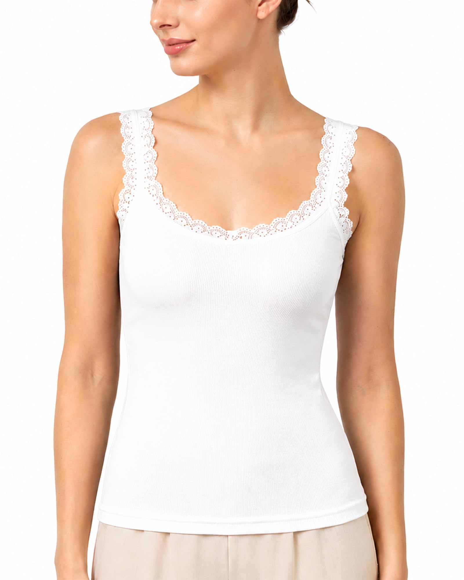 POWER UNICO FLOWER Women’s Ribbed Knit Lace Trim Tank Top – Lightweight Layering