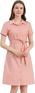 Women's Peter Pan Collar Shift Button Down Bow Tie Waist Cotton Dress