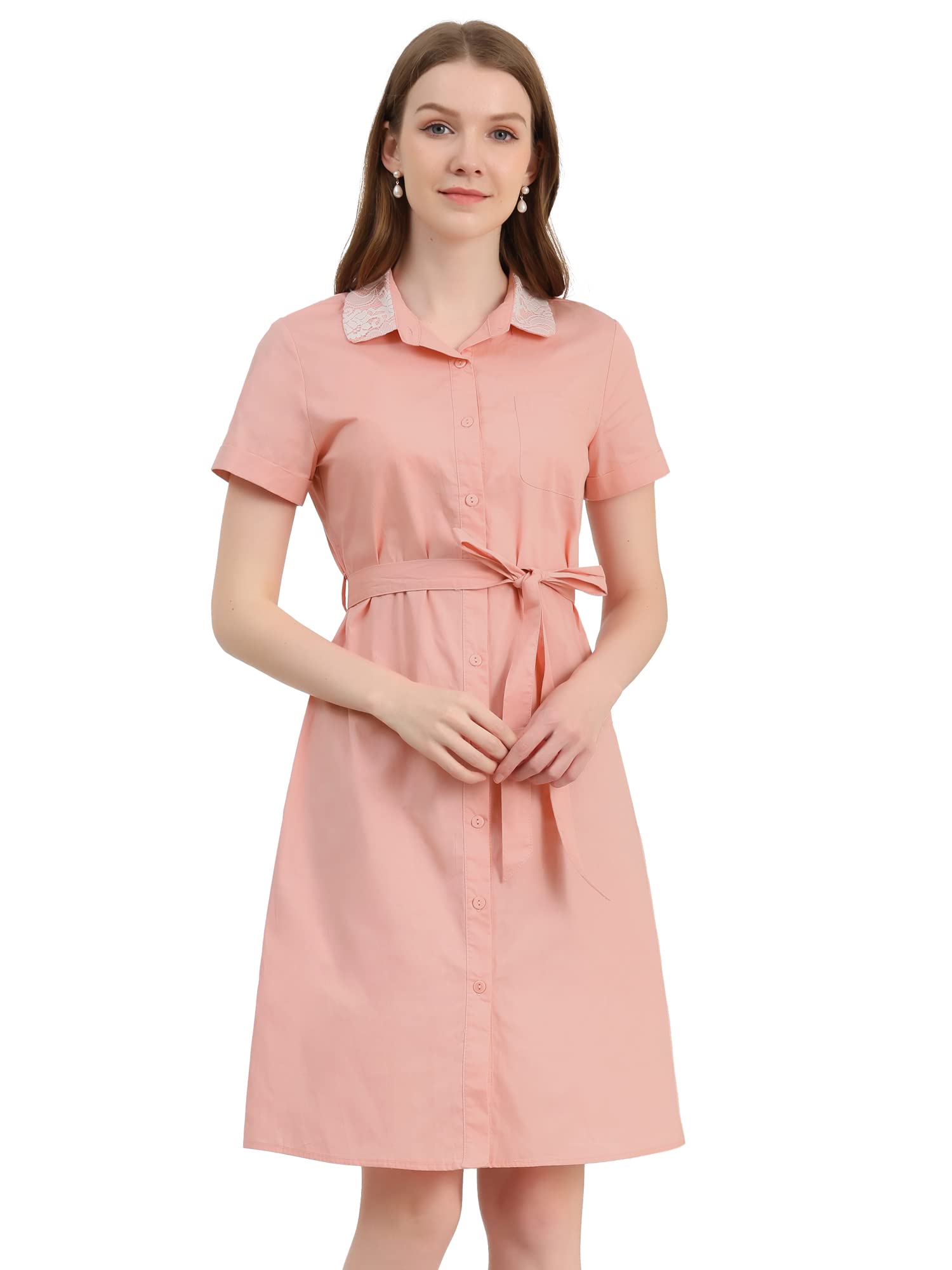 Women's Peter Pan Collar Shift Button Down Bow Tie Waist Cotton Dress