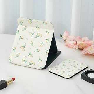 1PCS Large Folding Portable Makeup Mirror, Double-Sided Print Desktop Vanity Mirror for Dorm Students Home, Small Flower Design Travel Mirror, White