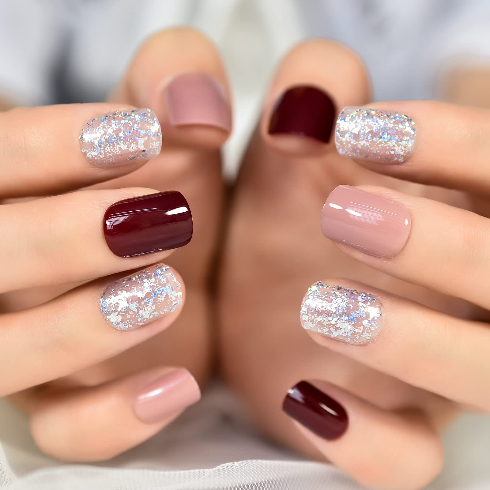 Shiny Red Silver Glitter Press-On Nail Short Scobal Acrylic Fake Nail Reusable F
