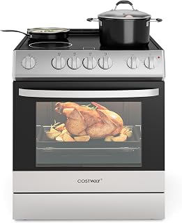 COSTWAY Electric Range, 30 Inch Freestanding & Slide-in Kitchen Stove | 4 Burners Ceramic Cooktop, 5.1 Cu.Ft. Capacity, Stainless Steel Convection Oven with 3 Cooking Modes and 10-120 Mins Timer