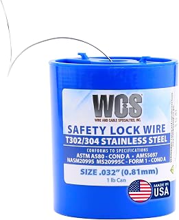WCS .032 Stainless Steel Safety Lock Wire, T302/304, NASM20995C MS20995C, ASTM A580 Condition A, AMS569, Mechanics Wire for Aircraft, Automotive, & Industrial Use, 1lb Dispenser Can, Approx 362 ft