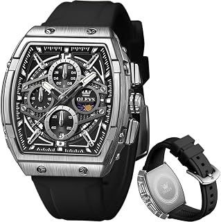 OLEVS Men Watches Business Dress Chronograph Big Square Analog Male Watch Silicone Strap Waterproof Date Gift Mens Wrsit Watch Silver