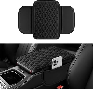 Amiss Car Center Console Cover, Upgraded Leather Car Armrest Cushion with 2 Storage Pockets, Universal Waterproof Cushion Pad, Non-Slip Car Interior Accessories, Fits Most Sedans SUVs Trucks (Black)
