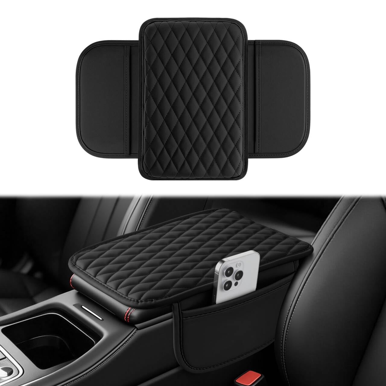 Amiss Car Center Console Cover, Upgraded Leather Car Armrest Cushion with 2 Stor