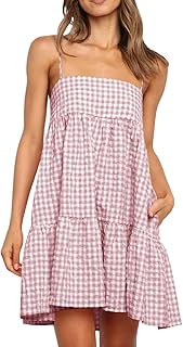 Womens Summer Plaid A-line Sleeveless Casual Flowy Mini Sundress